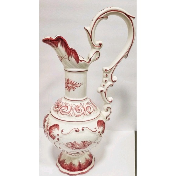 Vtg Red White Portugal RCCL Ceramic Pitcher Vase Hand Painted Numbered 18" Tall - Picture 4 of 6